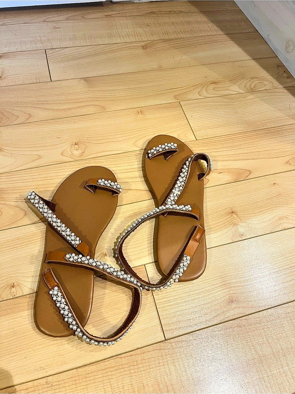 Rhinestone Strap Sandals in Brown